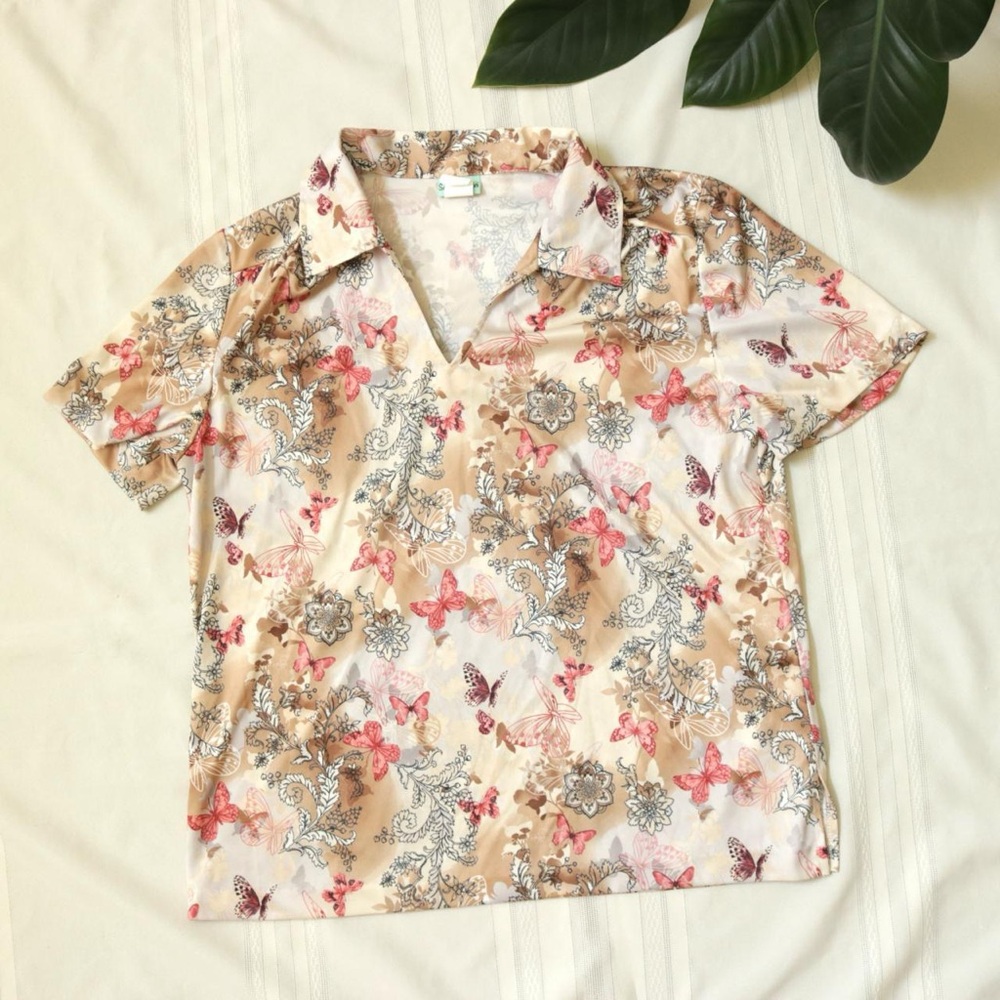 Tan and cream butterfly floral blouse with collar